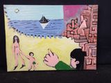 un tableau représentant des personnes sur la plage, avec un bateau en arrière-plan