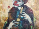 une peinture à l'huile représentant un clown au nez rouge tenant un oiseau