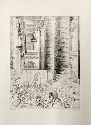an old drawing of a crowd of people in a building