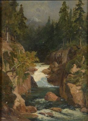 an image of a painting of a river running through a forest