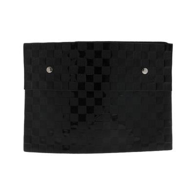 a black clutch bag with a checkered pattern on the front