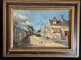 une peinture à l'huile représentant une route de campagne avec, au premier plan, une maison et des poules