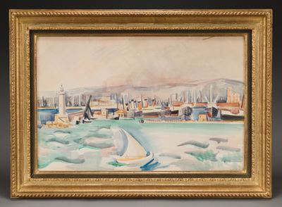 tableau représentant un voilier dans un port, avec une ville en arrière-plan