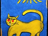 painting of a yellow cat in a field with a sun in the background