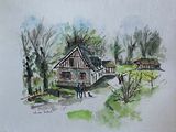a watercolor painting of a house in the woods