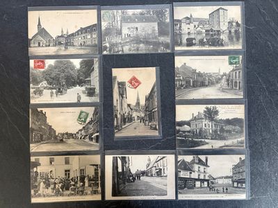 several old black and white photos of a street and buildings