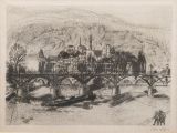 dessin représentant un pont enjambant une rivière, avec un château en arrière-plan