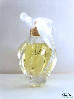 un flacon de parfum orné d'un nœud blanc sur le dessus