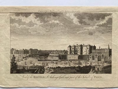 un vieux dessin représentant la vue d'un château avec un pont