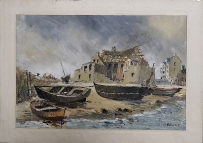 a picture of a painting of boats on the beach