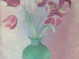 a painting of a green vase with pink flowers in it
