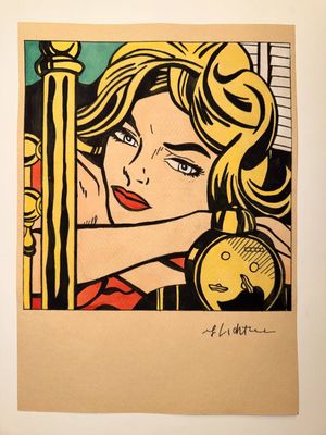 an image of a painting of a woman leaning against a pole
