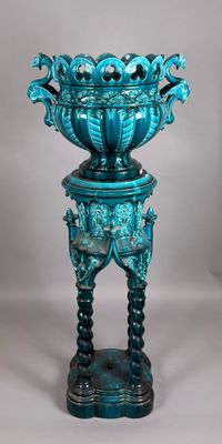 Cache-pot et piétement en terre vernissée bleue à décor de c… - Photo 1