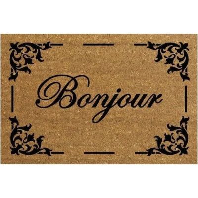 un paillasson marron sur lequel est écrit « bonjou »