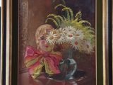 a painting of a little girl with flowers in a vase