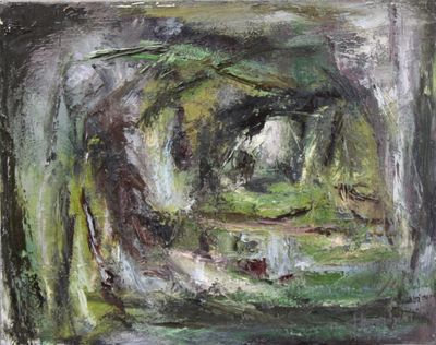 une peinture à l'huile représentant un tunnel vert avec des arbres en arrière-plan
