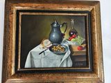 a painting of a tea pot and a bowl of fruit on a table