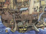 a painting of a ship in the water with a lot of people on it