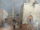 painting of a street scene with people walking down the street