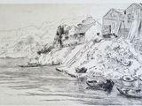 dessin représentant un bateau sur une rivière, avec une maison sur une colline en arrière-plan