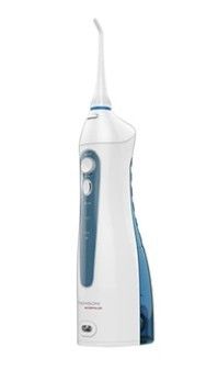 une image représentant une brosse à dents électrique blanche et bleue sur fond blanc