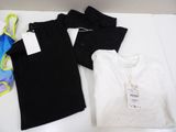 three pairs of black and white t - shirts and a pair of blue and yellow flip flops