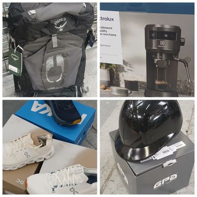 several pictures of a variety of items including a backpack, shoes, and a coffee maker