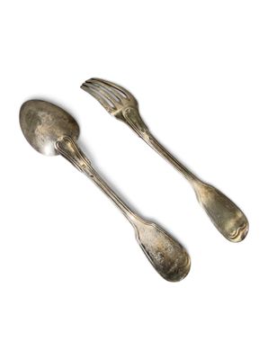 two spoons and a fork on a white surface with a white background