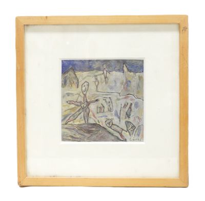 framed picture of a painting of a man on a beach with a surfboard
