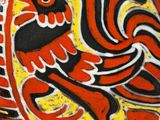 painting of a rooster on a plate on a table