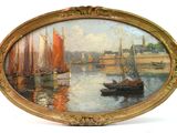 a picture of a painting of boats on the water