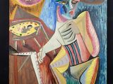 un tableau représentant un homme avec un chapeau et une valise