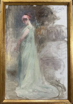 an oil painting of a woman in a green dress standing in front of a wall