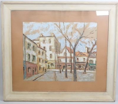 an oil painting of a street scene with buildings and trees