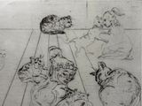 dessin représentant un groupe de chats sur un sol, avec un chat assis par terre