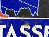 a blue sign with a picture of a castle on it