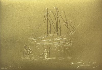 tableau représentant un bateau sur un plan d'eau, avec des personnes à bord
