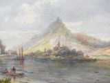 a painting of a river scene with boats on the water