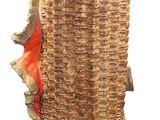 a wicker basket with a shell on top of it