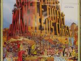 an old movie poster of a building with a crowd of people around it