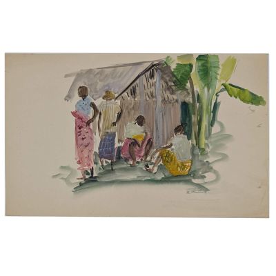 un tableau représentant un groupe de personnes devant une hutte