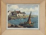 tableau représentant un voilier devant une maison située sur un rivage rocheux