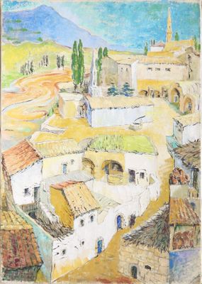 painting of a view of a village with a church steeple in the distance