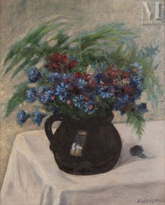 a painting of a vase of flowers on a table