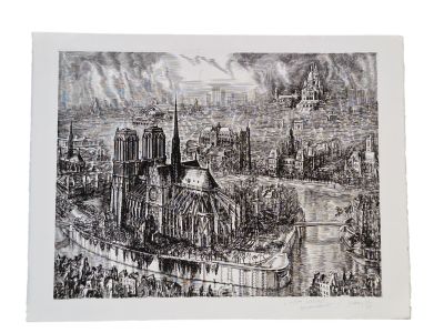 dessin représentant une vue de ville avec une rivière au premier plan