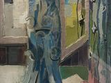 a painting of a vase on a table in front of a window