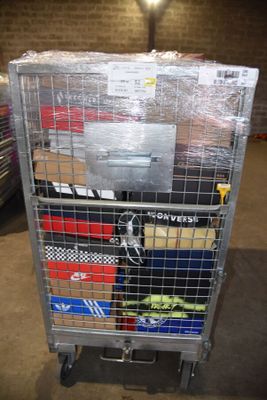a metal cart with many items in it