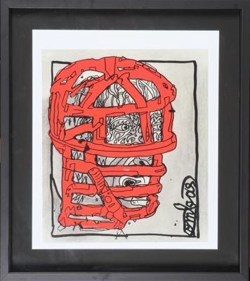 tableau encadré représentant un dessin en rouge et noir d'une cage avec un chat à l'intérieur