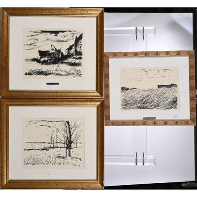 trois dessins encadrés représentant une ferme et une maison dans un champ