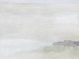 abstract painting of a beach scene with a lighthouse in the distance
